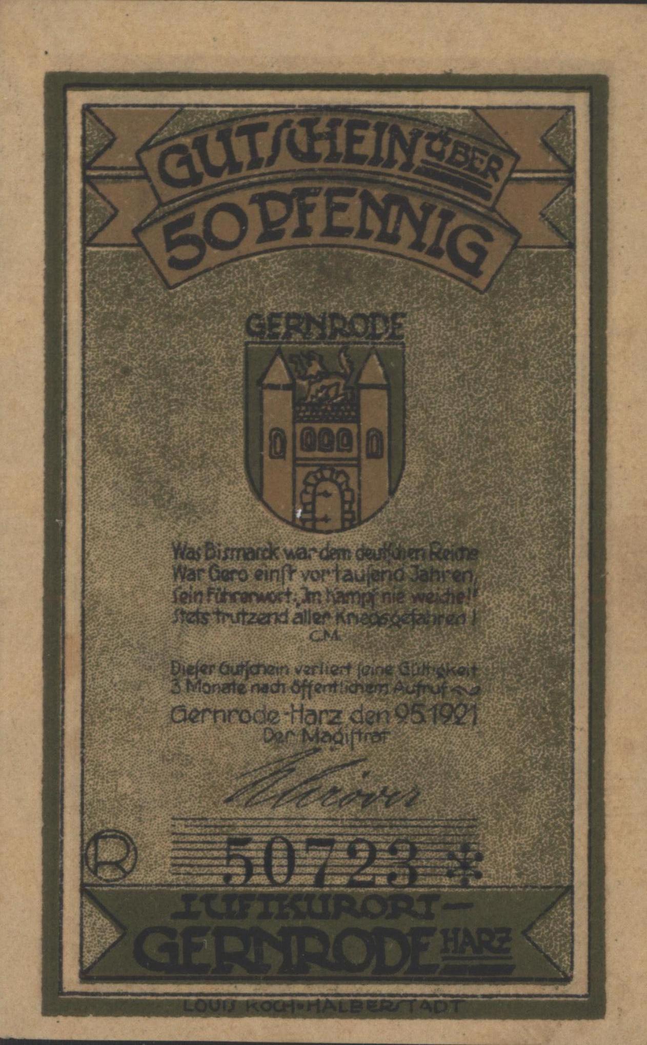 Duitsland - Noodgeld - Gernrode - a. H. (Anh / SA) Stadt Grab/Mehl.:423.3.a3 50 Pfennig 1921