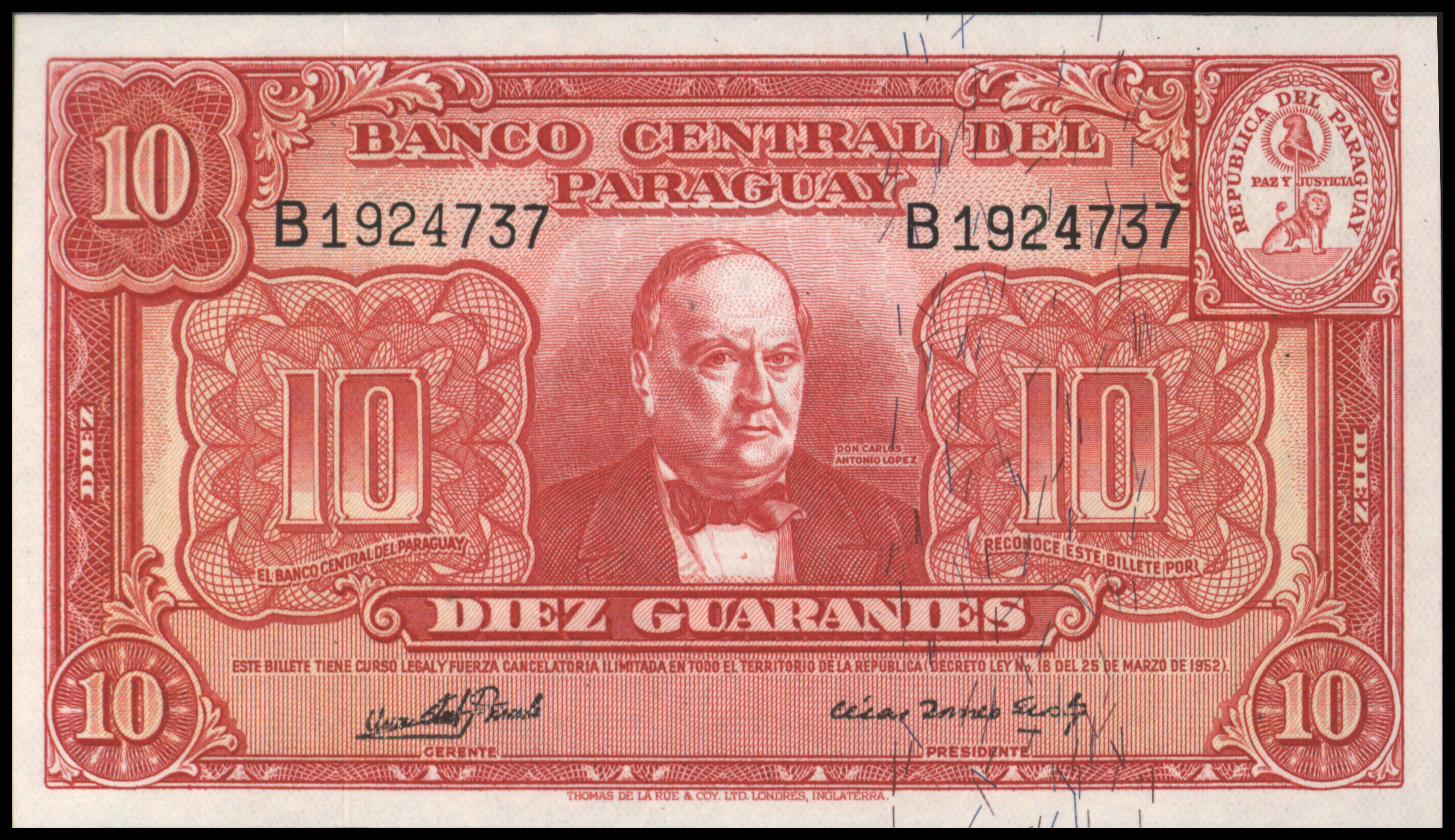 Paraguay P187.c 10 Guaranies 1952