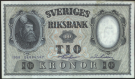 Sweden P43.f. sign var 2. 10 Kronor 1958