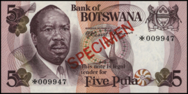 Botswana   P3 5 Pula 1976 (No date) SPECIMEN
