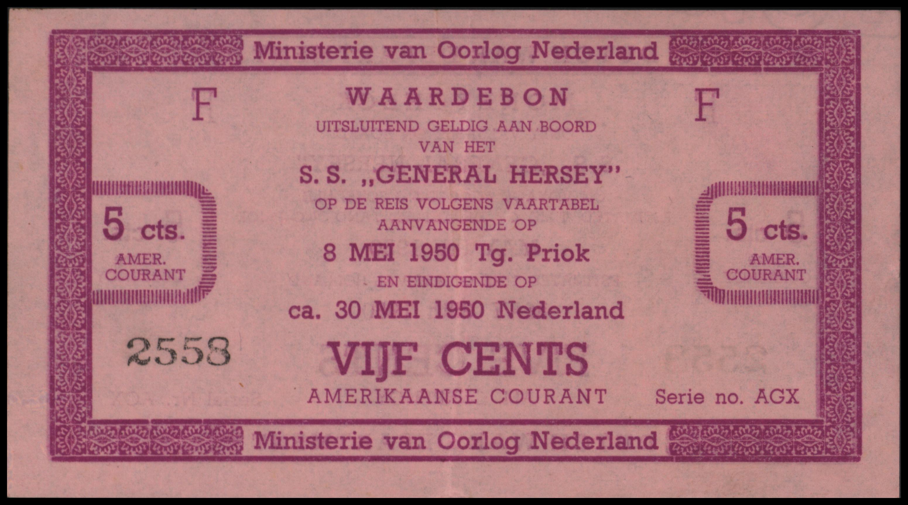 Dutch War Department: S.S. "General Hersey" - Amerikaanse courant PL1695.1 5 Cent 1950