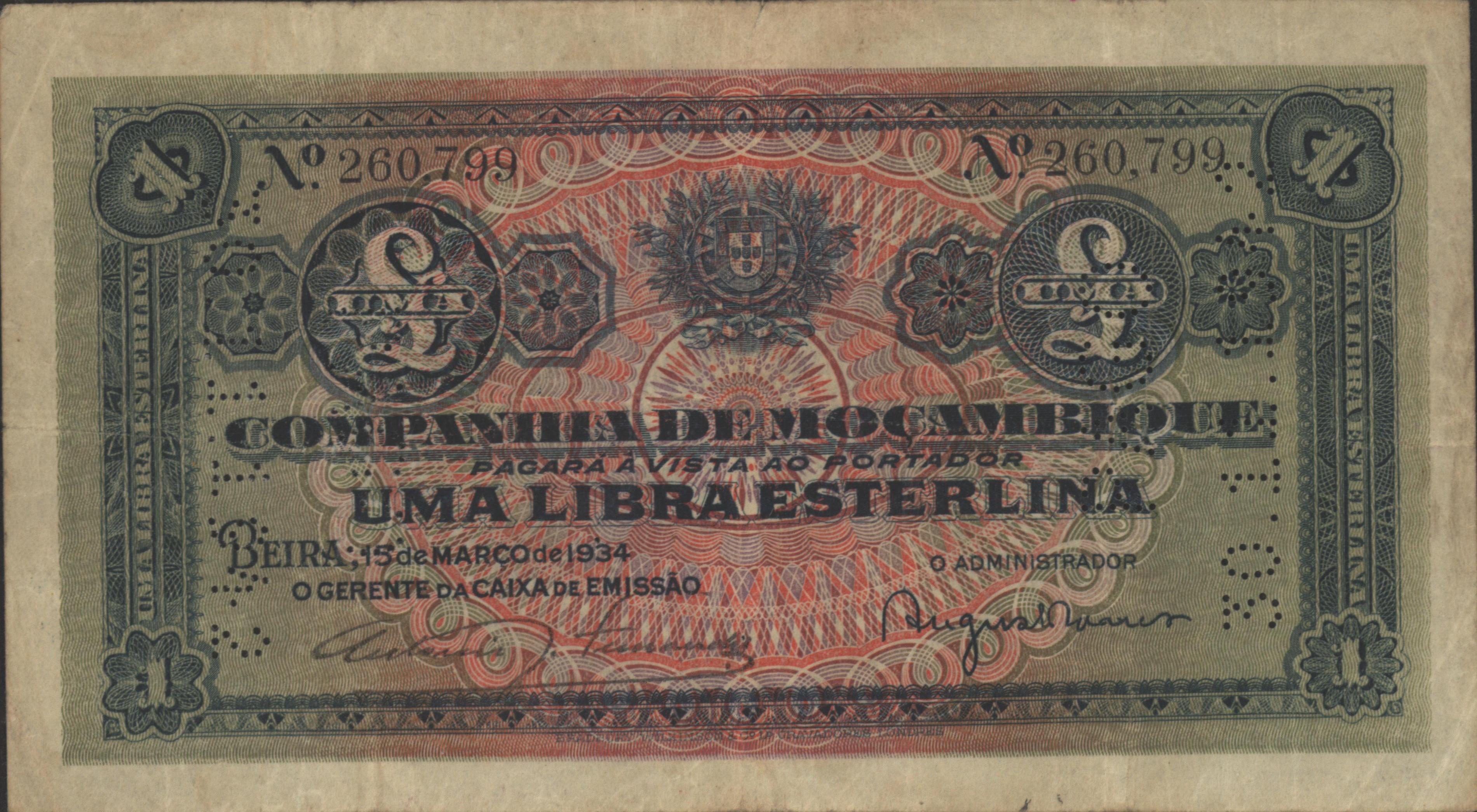 Moçambique - COMPANHIA DE MOÇAMBIQUE, BEIRA  PR31 1 Libra 1934 GEANNULEERD