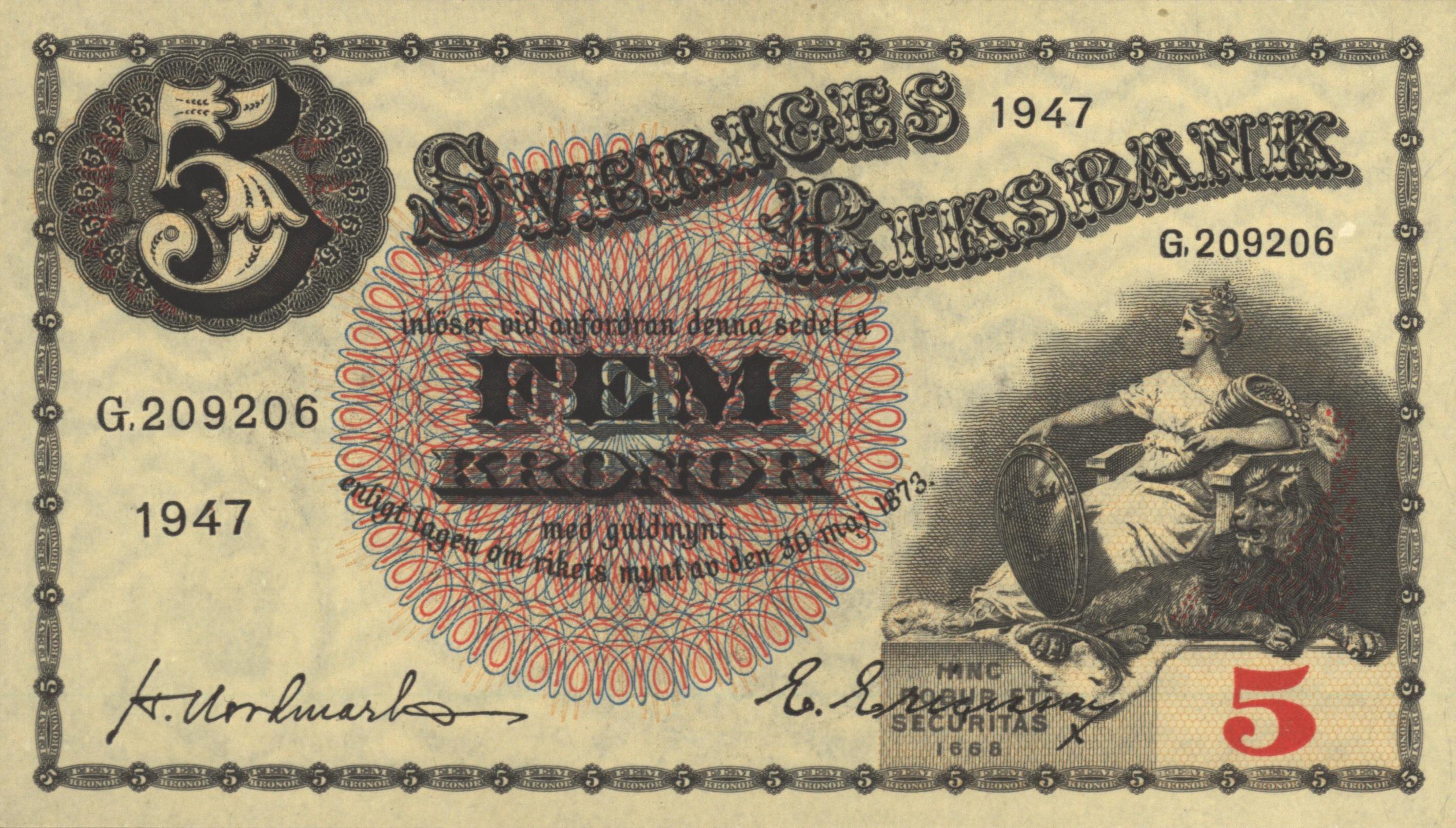 Sweden  P33.ad 5 Kronor 1947