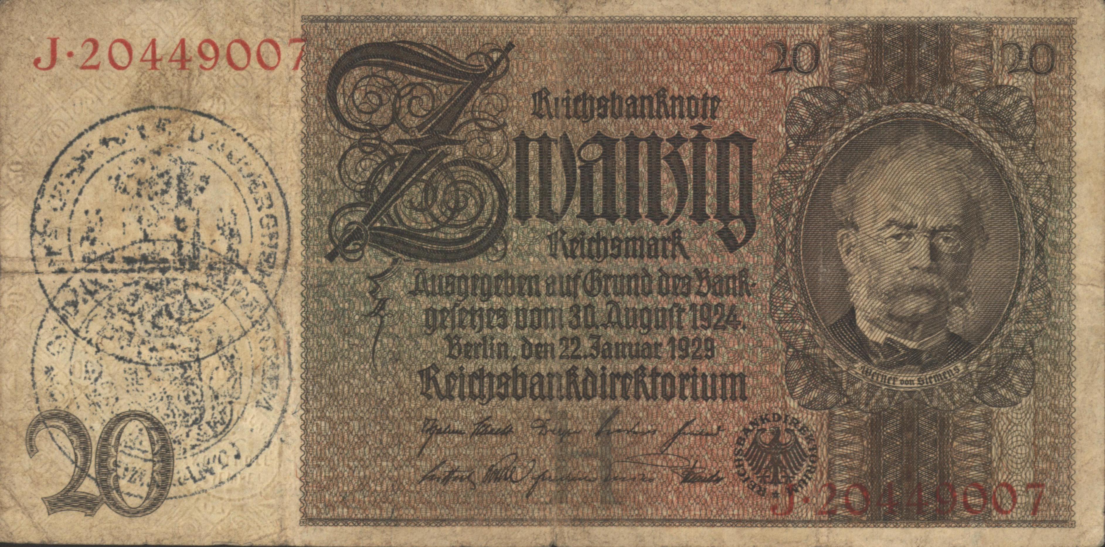 Duitsland P181.a 20 Reichsmark 1929 GEANNULEERD
