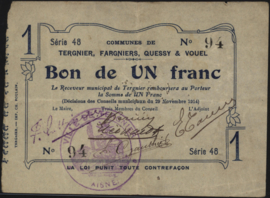 Frankrijk - Noodgeld - Tergnier, Fargniers, Quessy & Vouel JPV-02.2232 1 Franc 1914