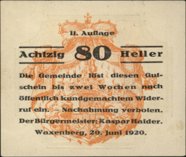 Oostenrijk - Noodgeld - Waxenberg KK. 1144 80 Heller 1920