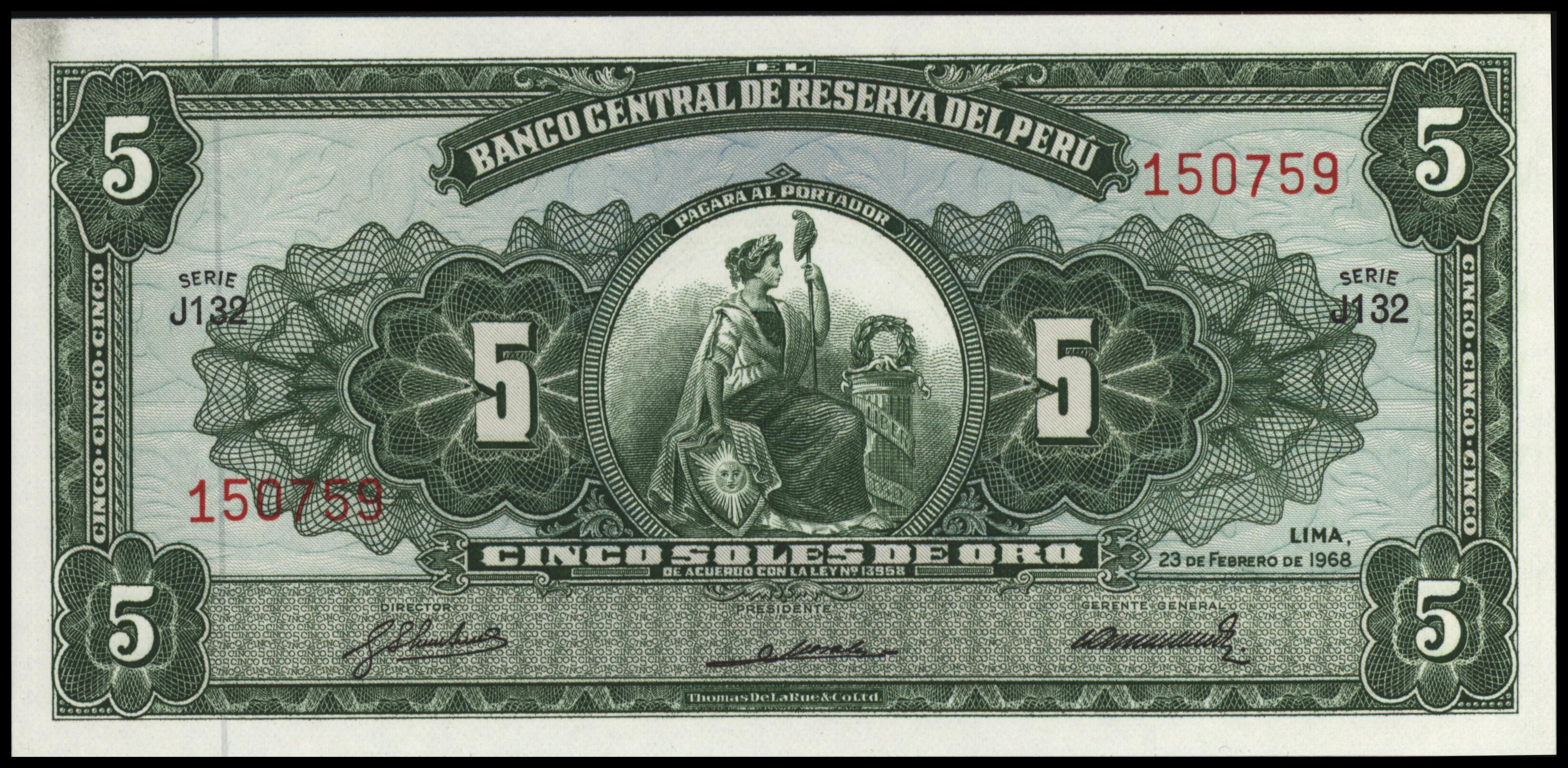 Peru  P83.a 5 Soles de oro 1968