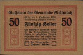 Oostenrijk - Noodgeld - Mettmach KK.:610 50 Heller 1920