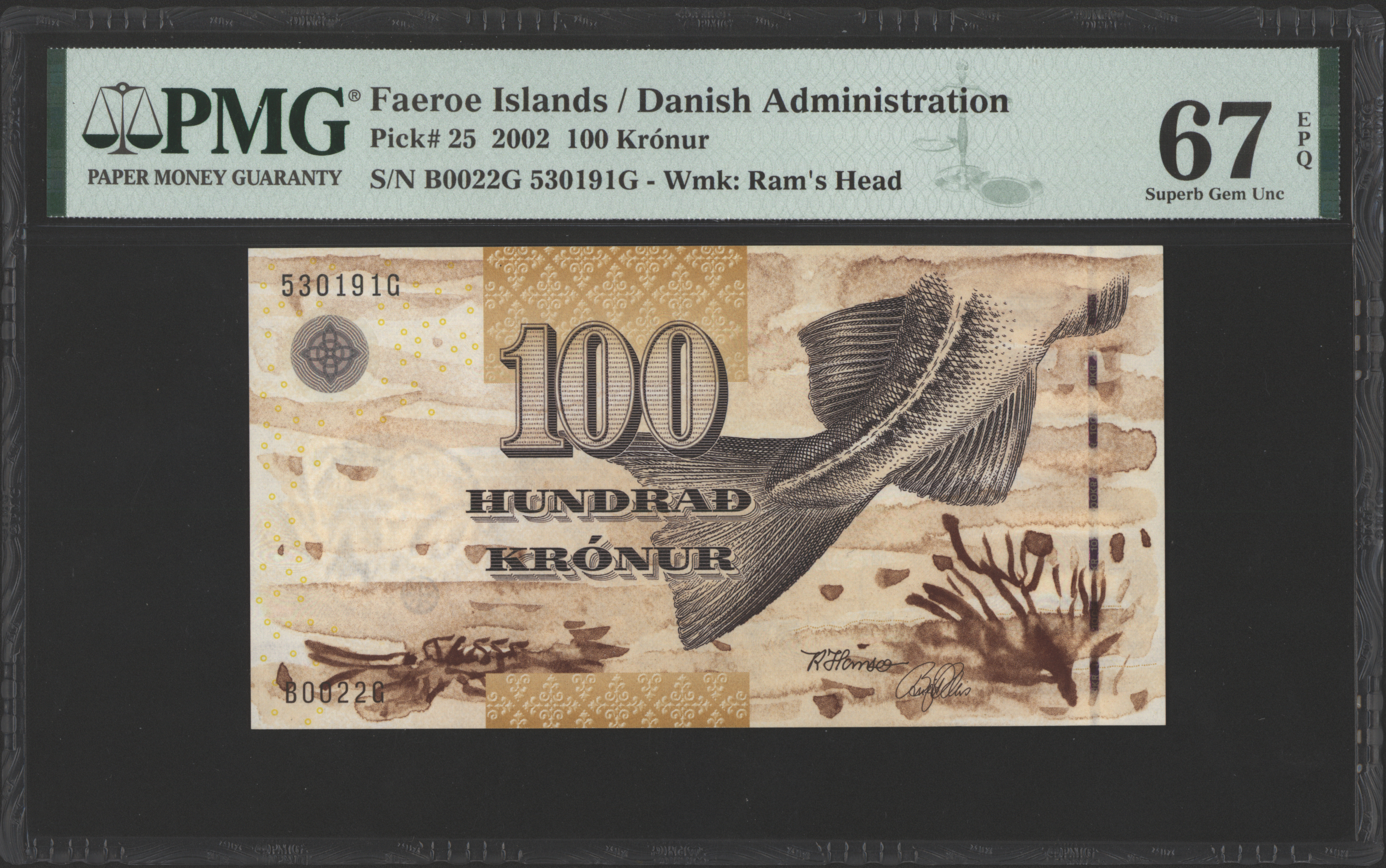 Faeroër eilanden  P25 100 Kronur 2002 PMG67EPQ