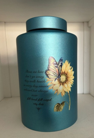Blauwe RVS urn met zonnebloem, vlinder & troostgedicht