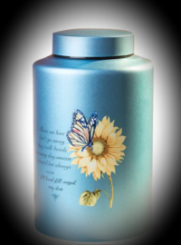 Blauwe RVS urn met zonnebloem, vlinder & troostgedicht