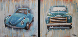 60 x 60 cm - Olieverfschilderij 2-luik - Blauwe oldtimer