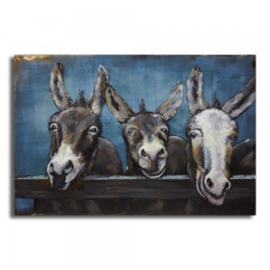 120 x 80 cm - 3D art Schilderij Metaal ezels  - handgeschilderd