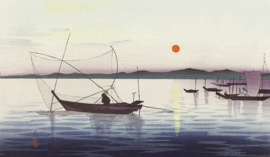 schilderij Forex met blanke lijst | 118x70cm | Land of the Rising Sun 011 | Japanse vissersboot bij zonsondergang