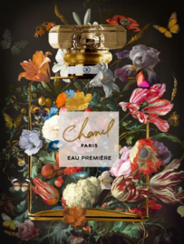 60 x 80 cm - Glasschilderij met metaalfolie - Chanel flesje met bloemen - schilderij fotokunst - foto print op glas