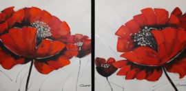 60 x 60 cm - Olieverfschilderij 2-luik - Rode bloemen