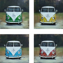 40 x 40 cm - 3D art Schilderij Metaal oldtimer -  Volkswagen T1 busjes - set van 4 - handgeschilderd