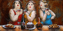 80 x 120 cm - 3D art Schilderij Metaal -  3 vrouwen - handgeschilderd