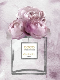 60 x 80 cm - Glasschilderij - Chanel Parfum flesje - Bloemen
