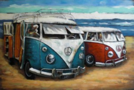 120 x 80 cm - 3D art Schilderij oldtimer Metaal Hippie busje - metaalschilderij Volkswagen T1 - handgeschilderd