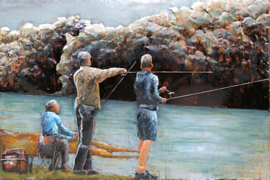120 x 80 cm - 3D art Schilderij Metaal Samen gaan vissen - metaalschilderij - handgeschilderd