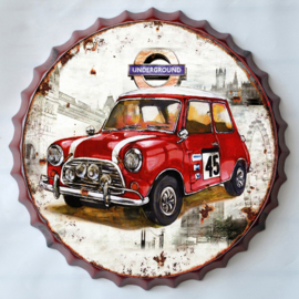 rond 33 cm - Wanddecoratie schilderij bierdop kroonkurk - reclame Auto Mini Cooper oldtimer
