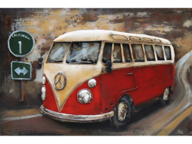 120 x 80 cm - 3D art Schilderij Metaal - Rode SAMBA Bus - Volkswagen T1 - oldtimer - handgeschilderd