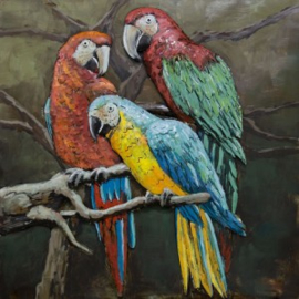 100 x 100 cm - 3D art Schilderij Metaal papegaaien - metaalschilderij - handgeschilderd