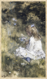 schilderij Forex met blanke lijst | 70x118cm | Art Facsimile 005 | dochter met bloemen in gras