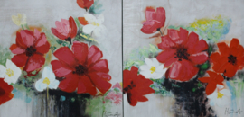 60 x 60 cm - Olieverfschilderij 2-luik - Rode bloemen