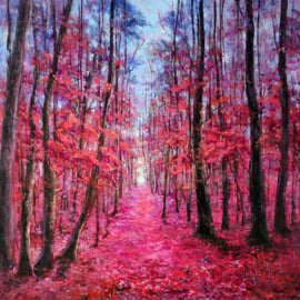 100 x 100 cm - Olieverfschilderij - Het Roze Bos - natuur - natuur handgeschilderd