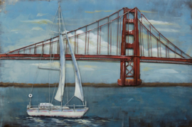 120 x 80 cm - 3D art Schilderij Metaal Zeilboot Golden Gate Bridge - metaalschilderij - stadsgezicht handgeschilderd