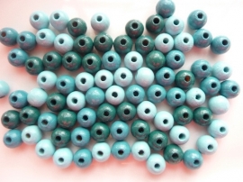 6012606-118 stuks houten kralenmix turquoise tinten 6mm