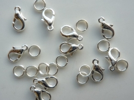 10 stuks karabijnersluitingen 12mm (standaard formaat) zilverkleur + dubbele ringetjes