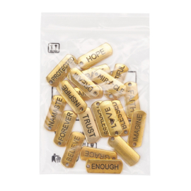 D15- 20 stuks hanger/bedels mixed tags 21x8mm goudkleur
