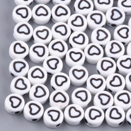 30 stuks letterkralen hartjes wit/zwart - als aanvulling voor letterkralen 7x4mm