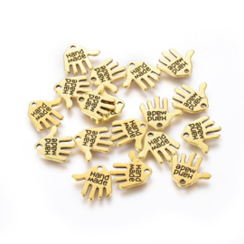 D82.1- 100 stuks hangers/bedels handje met tekst `handmade` 13mm goudkleur