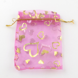 100 stuks organza zakjes 9x7cm kleurenmix bedrukt met hartjes