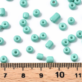 R65- 20gram (180st) glazen baking painted rocailles 4-5mm light sea green