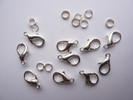 10 stuks karabijnersluitingen 16mm zilverkleur + dubbele ringetjes