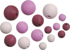 216023124- 20 stuks houten kralen mix geribbeld roze 10 tot 20mm