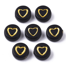 30 stuks letterkralen hartjes zwart/goud - als aanvulling voor letterkralen 7x4mm
