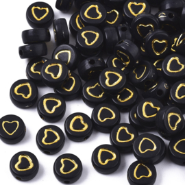 30 stuks letterkralen hartjes zwart/goud - als aanvulling voor letterkralen 7x4mm