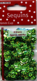 CE420001/1234- 8 gram (ca. 800 stuks) pailletten facon 6mm hologram groen