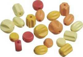 216023211- 20 stuks houten kralen mix geel/rood/oranje 10 tot 18mm