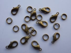 10 stuks karabijnersluitingen 12mm (standaard formaat) bronskleur + dubbele ringetjes