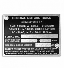 Door Post ID Plate.  1947-52  GMC