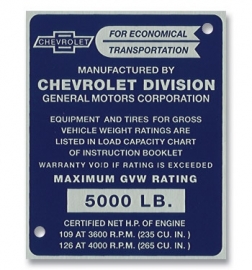 Door Post ID Plate.  1955.  Chevrolet