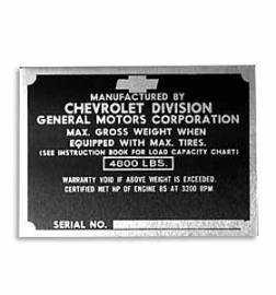 Door Post ID Plate.  1951-52  Chevrolet