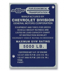 Door Post ID Plate.  1956-57.  Chevrolet